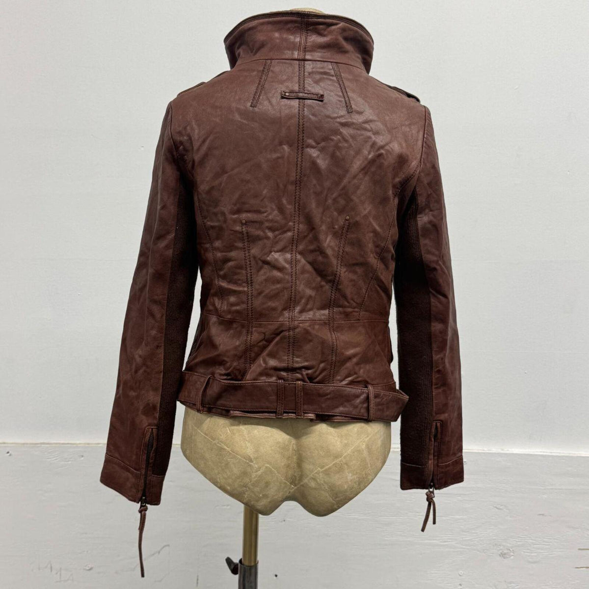 Vintage ONLY Cognac Goat Leather Architectural Funnel Neck Jacket