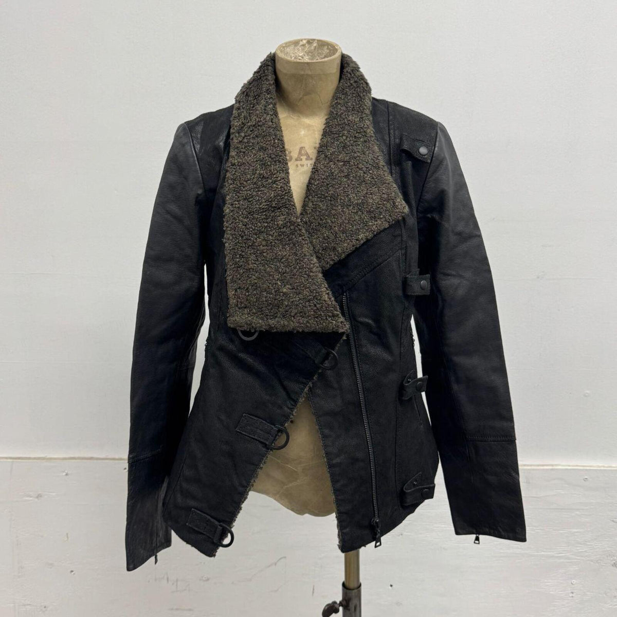 Vintage Black Funnel Neck Asymmetric Faux Leather Jacket Blink