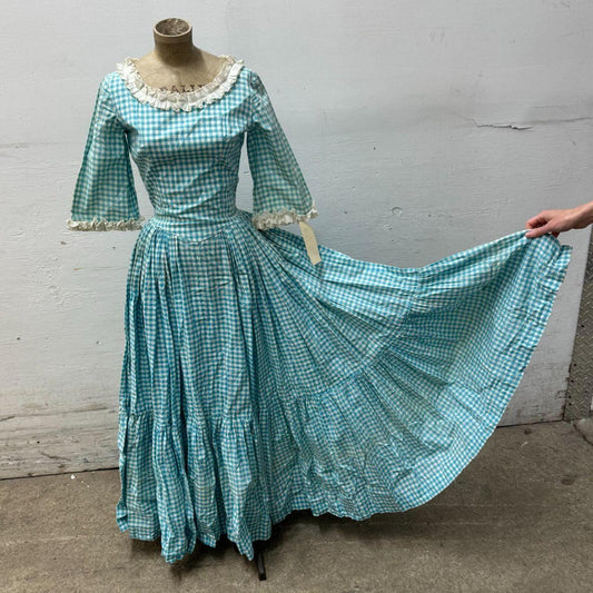 Vintage Film Costume 70s Teal Gingham Prairie Maxi Dress XXS