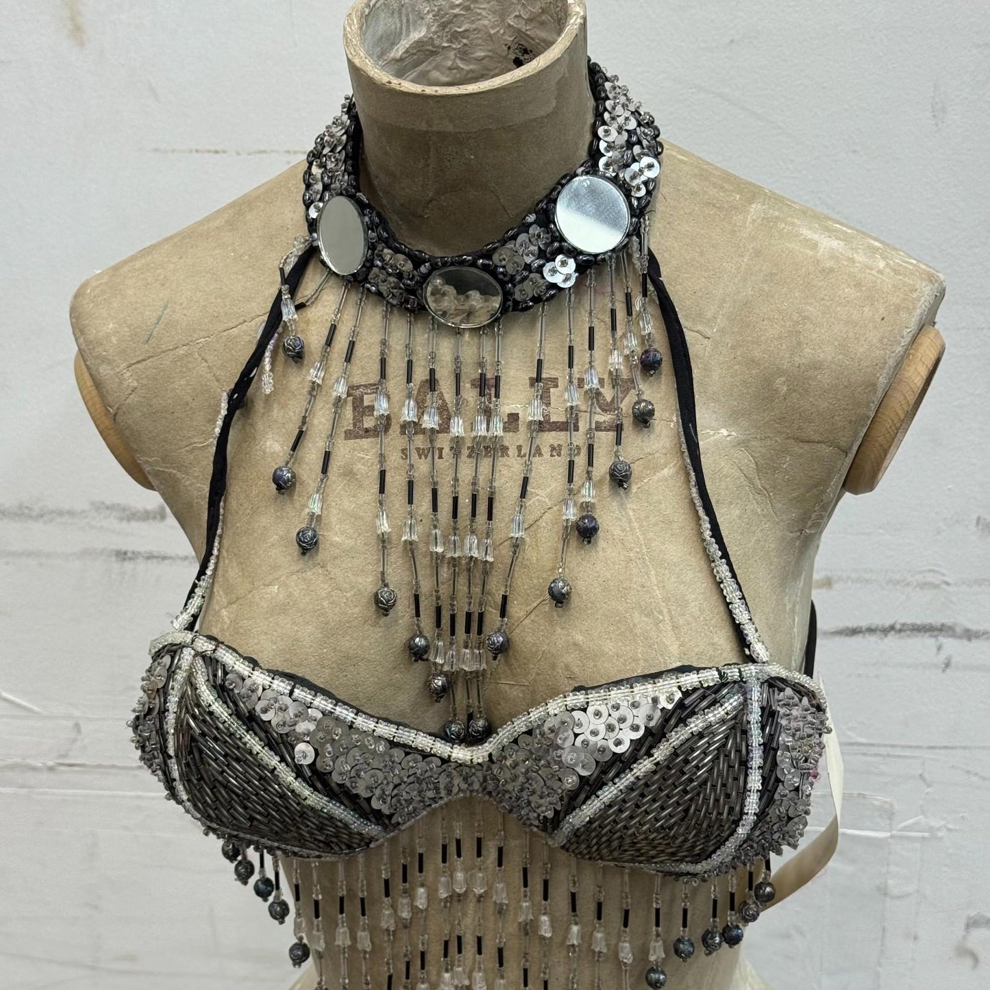 Vintage Showgirl Beaded Silver & Black Mirror Bra Stage Film Costume Burlesque