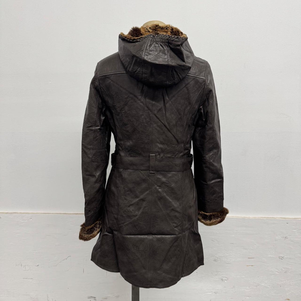 Vintage Brown Lambskin Leather Hooded Trench Coat w Rabbit Fur