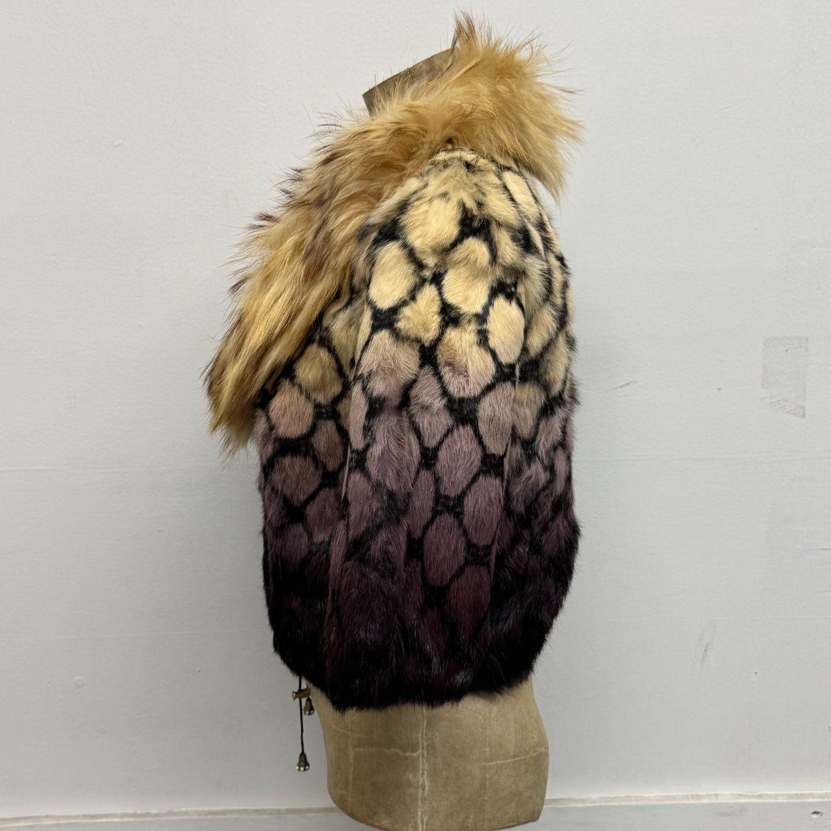 Vintage Y2K Cream Purple Fishnet Print Rabbit & Raccoon Fur Jacket Coat