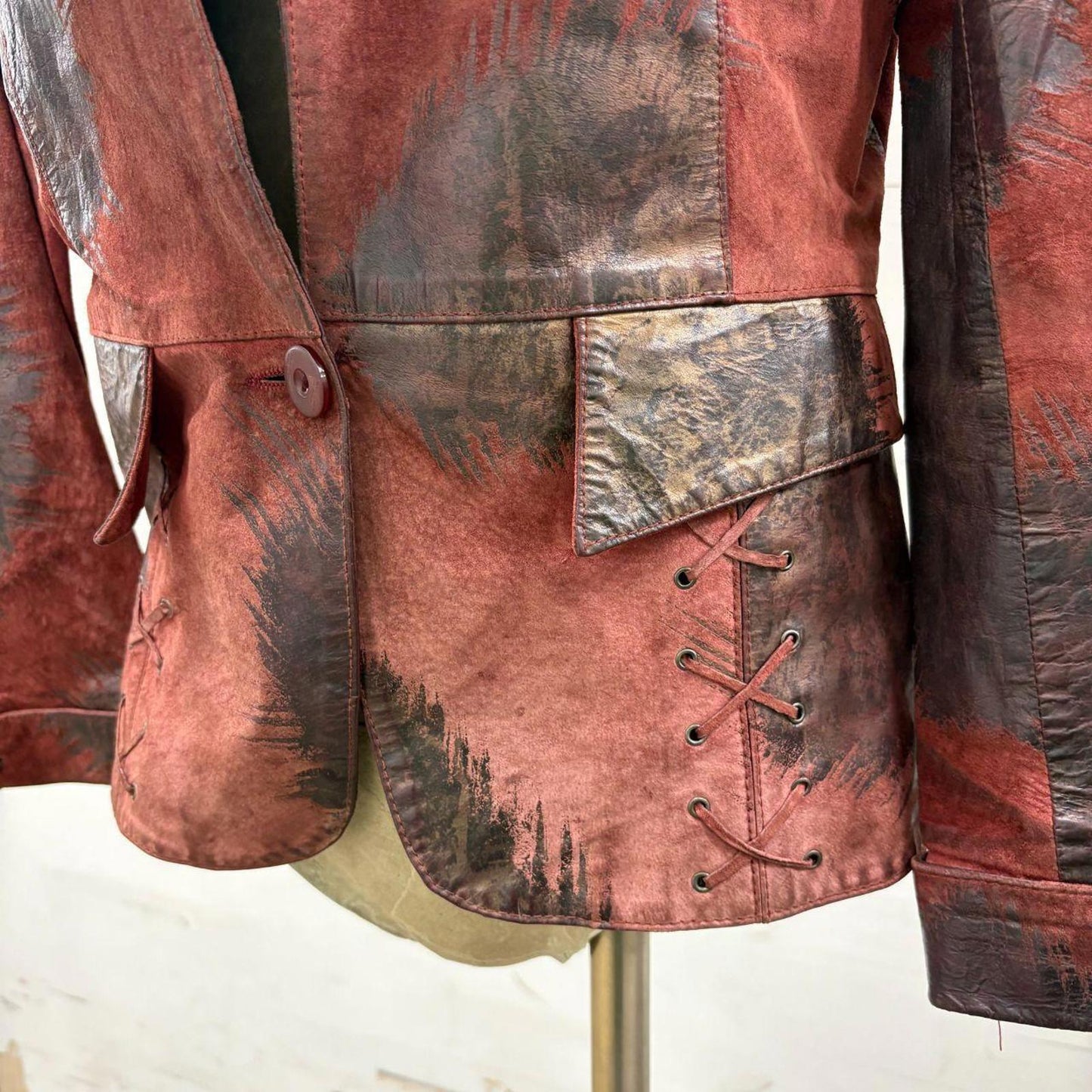 Y2K Vintage Red Patchwork Suede Moto Jacket Fox Fur Collar