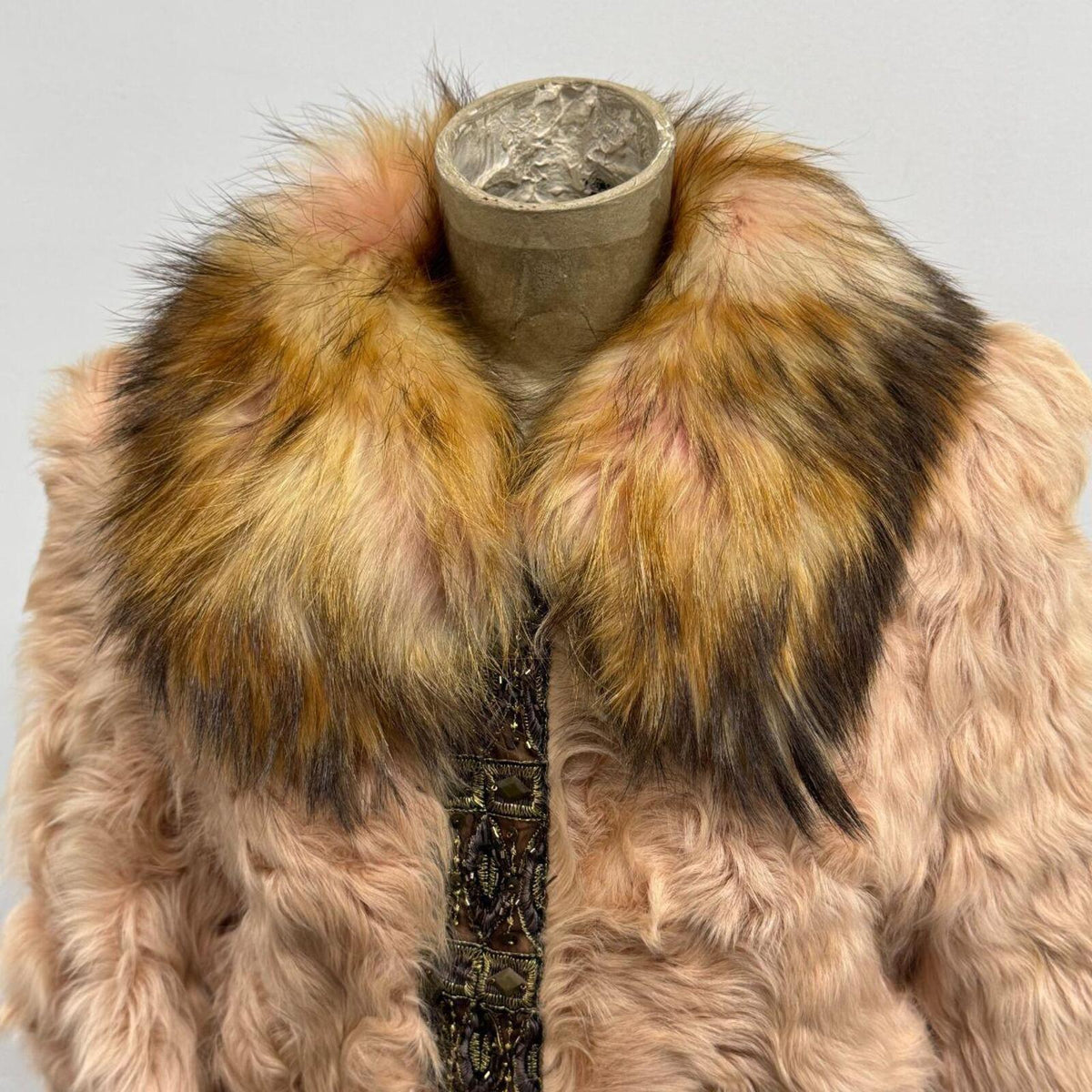 Vintage Y2K Pink Embellished Wool & Fox Fur Jacket Coat
