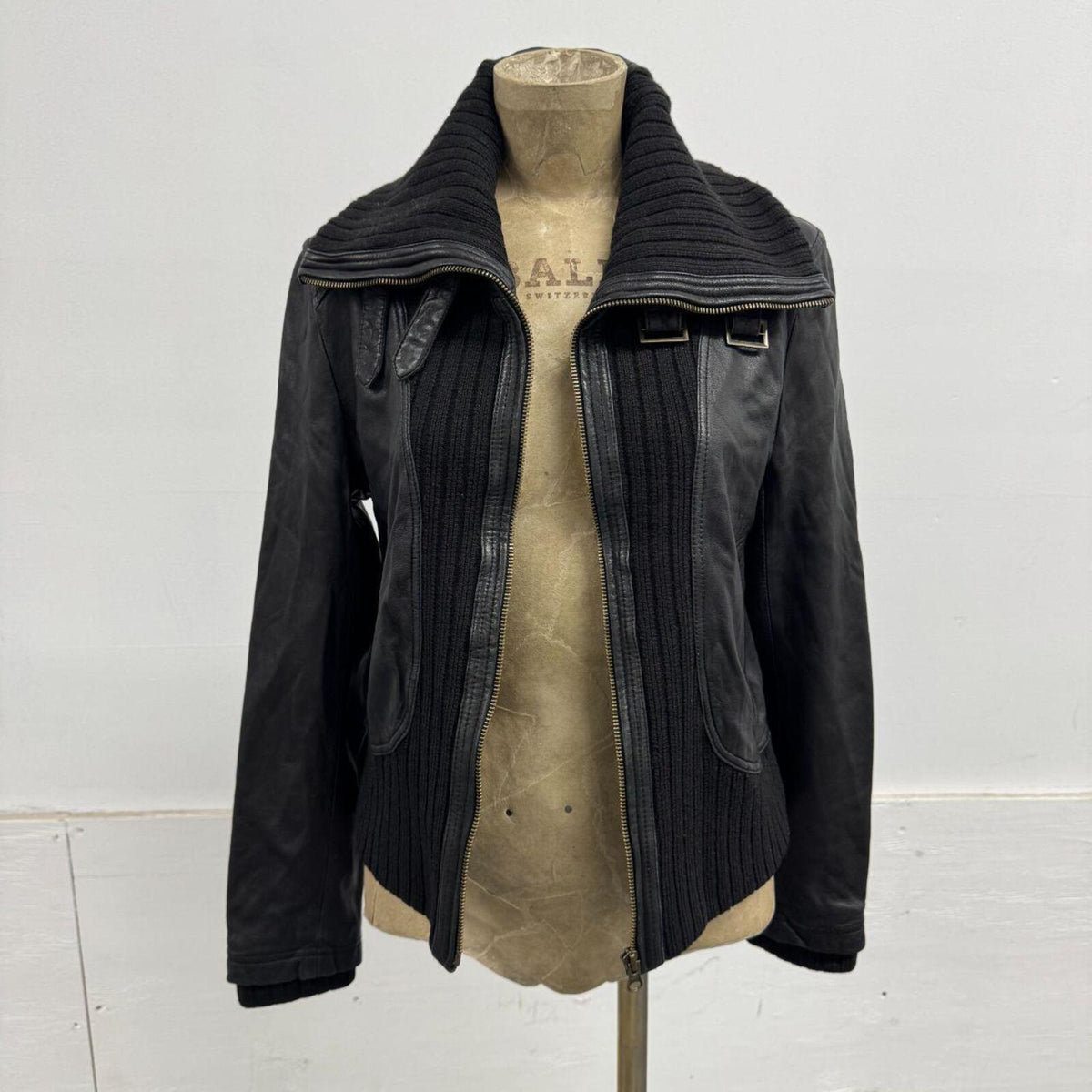 Vintage Black Funnel Neck Asymmetric Avant Garde Leather Jacket