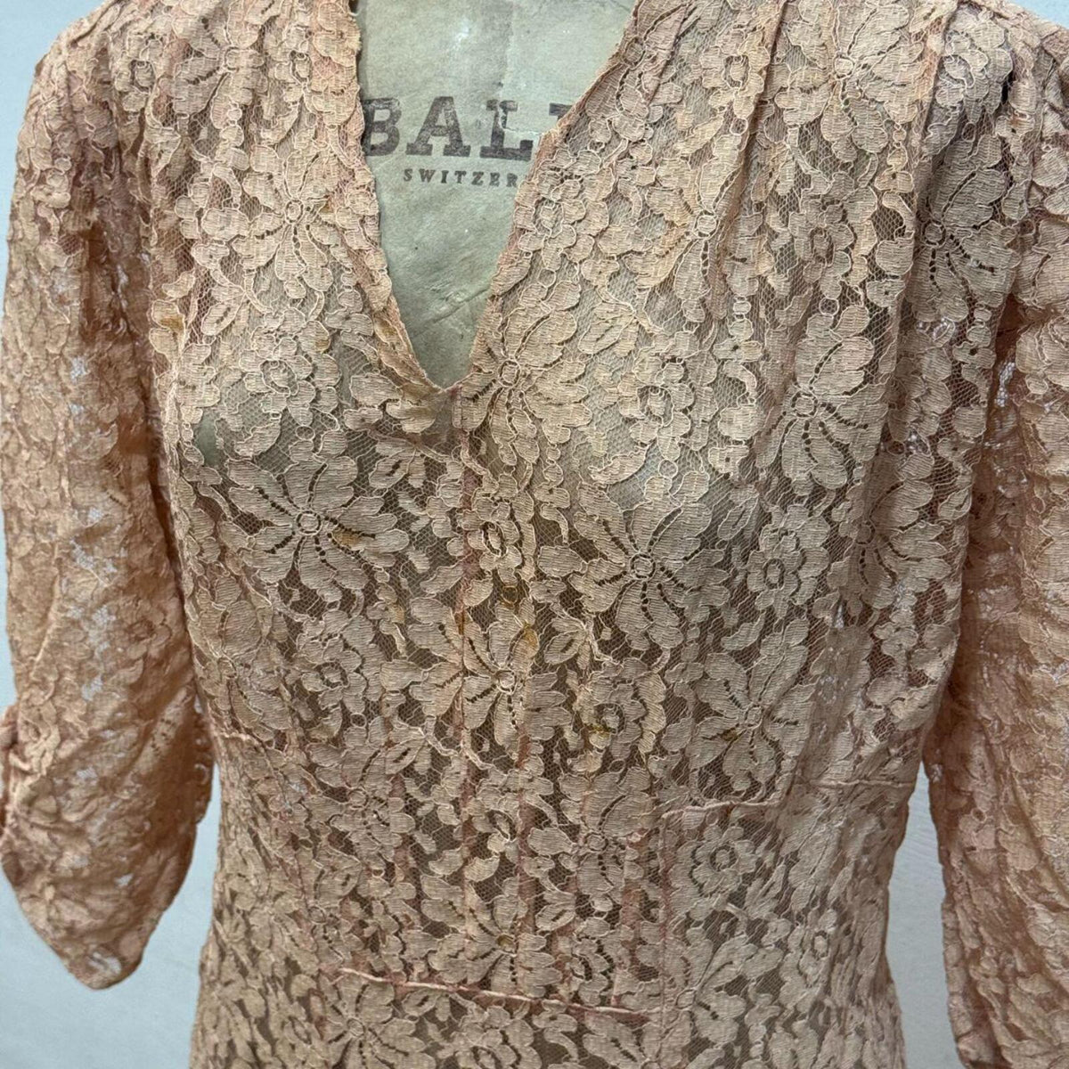 Vintage Broadway Costume 30s Antique Peach Lace Maxi Gown Dress
