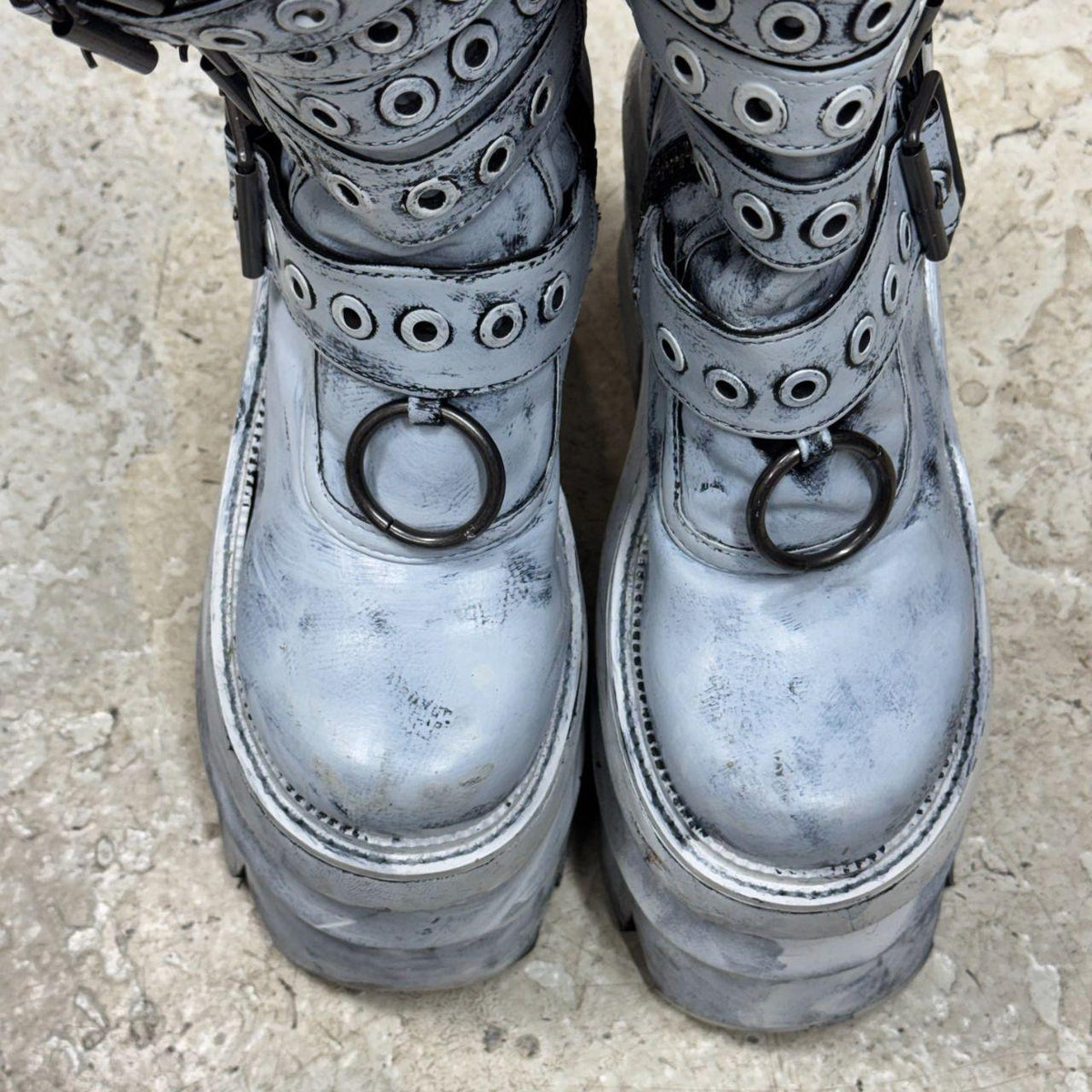 Painted Distressed Cyber-Goth Mega Platform Buckle Knee Boots