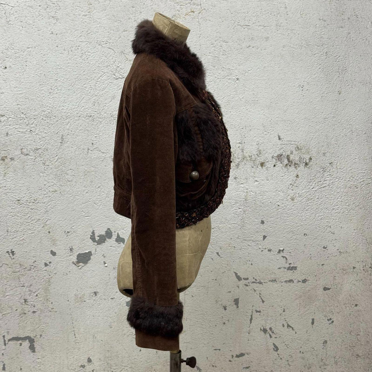 Y2K Vintage Brown Beaded & Rabbit Fur Cropped Bolero Jacket