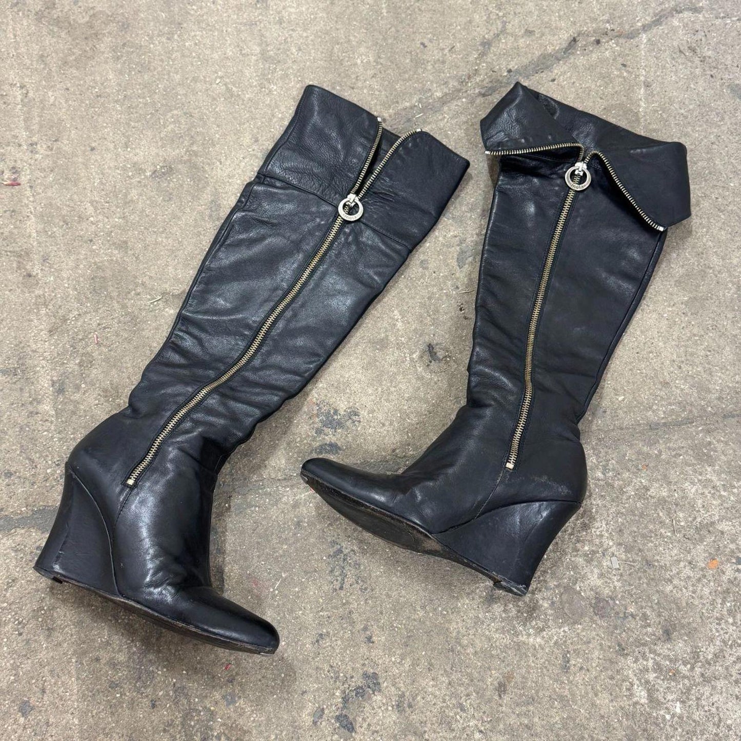Vintage Sinela Black Leather Wedge Knee High Foldover Pirate Boots - Sz 37 / 7