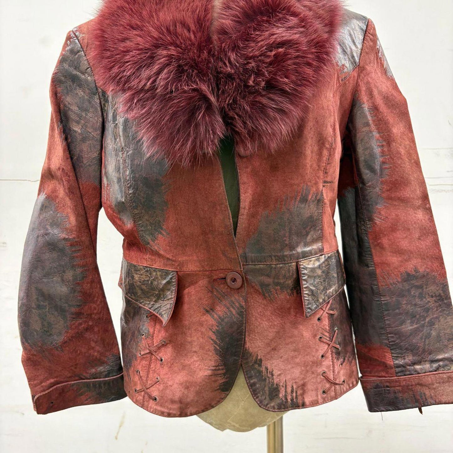 Y2K Vintage Red Patchwork Suede Moto Jacket Fox Fur Collar
