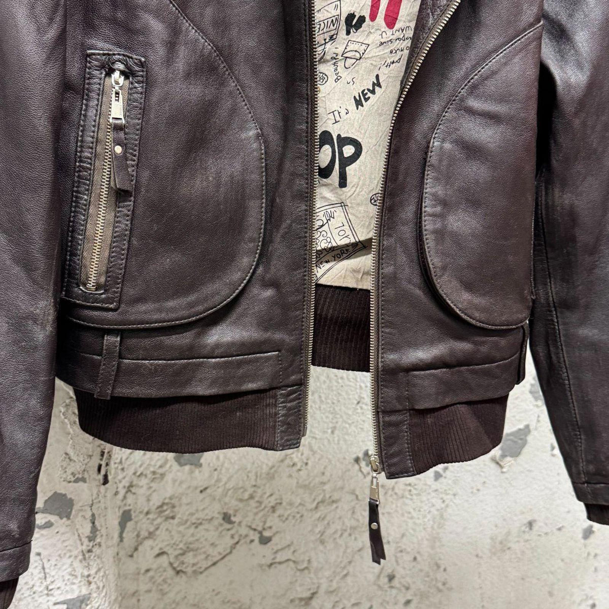 Vintage Y2K Knit Hooded Genuine Leather Bomber Brown
