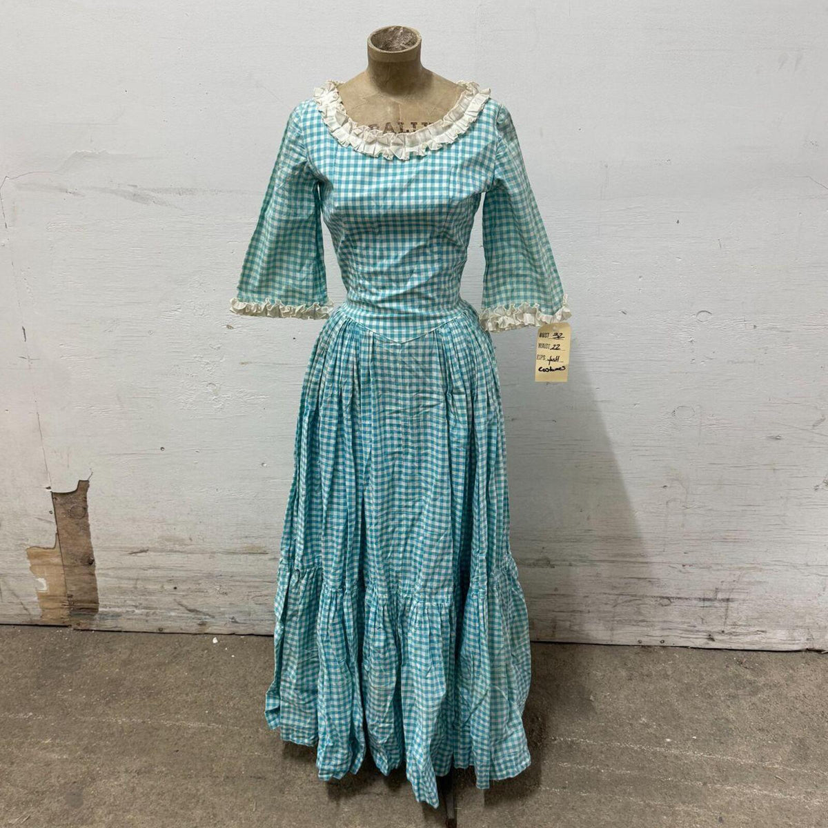 Vintage Film Costume 70s Teal Gingham Prairie Maxi Dress XXS