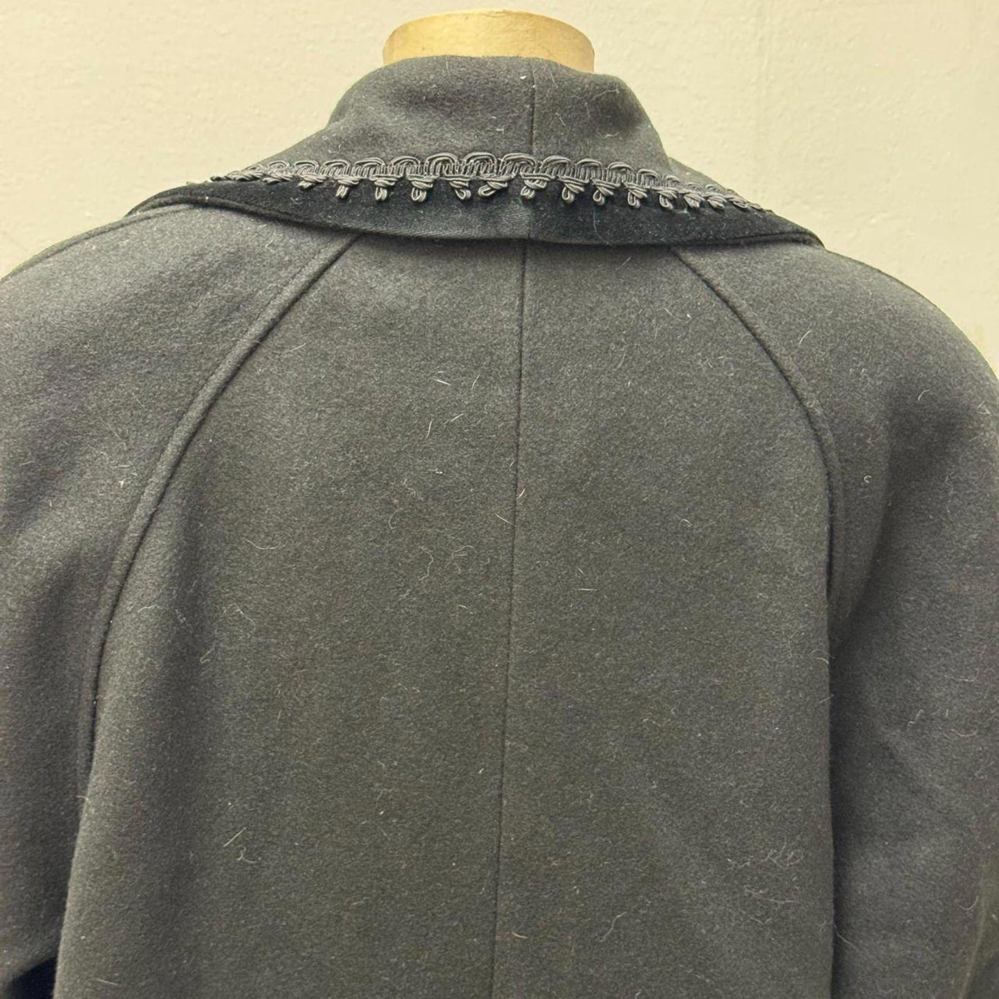 80s Vintage Jofeld Velvet-Trimmed Black Wool Overcoat