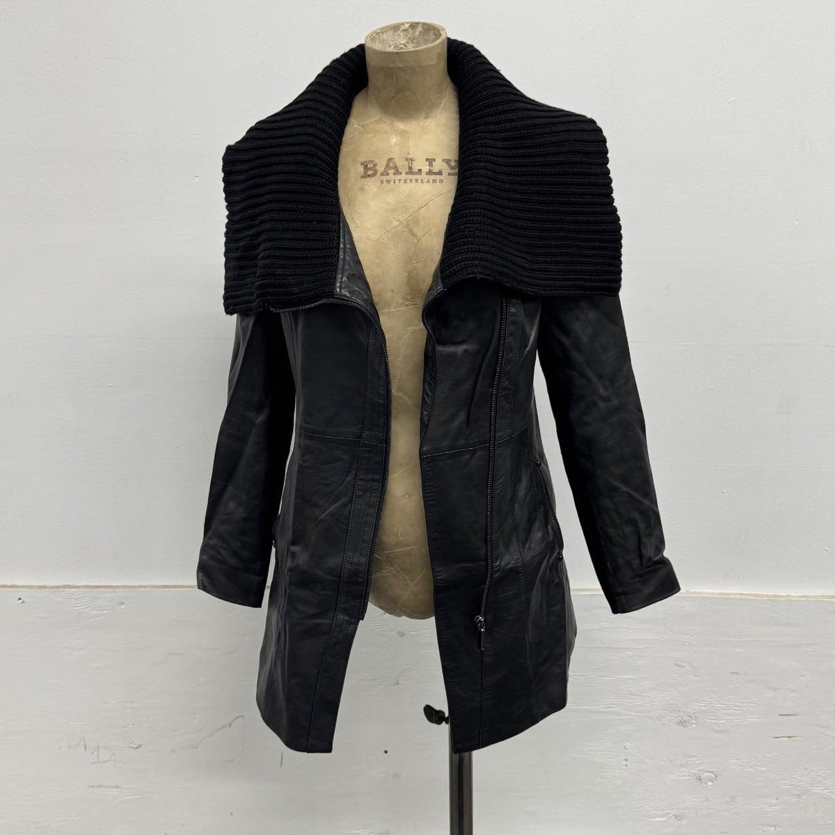 Vintage Black Knit Funnel Neck Longline Avant Garde Leather Jacket