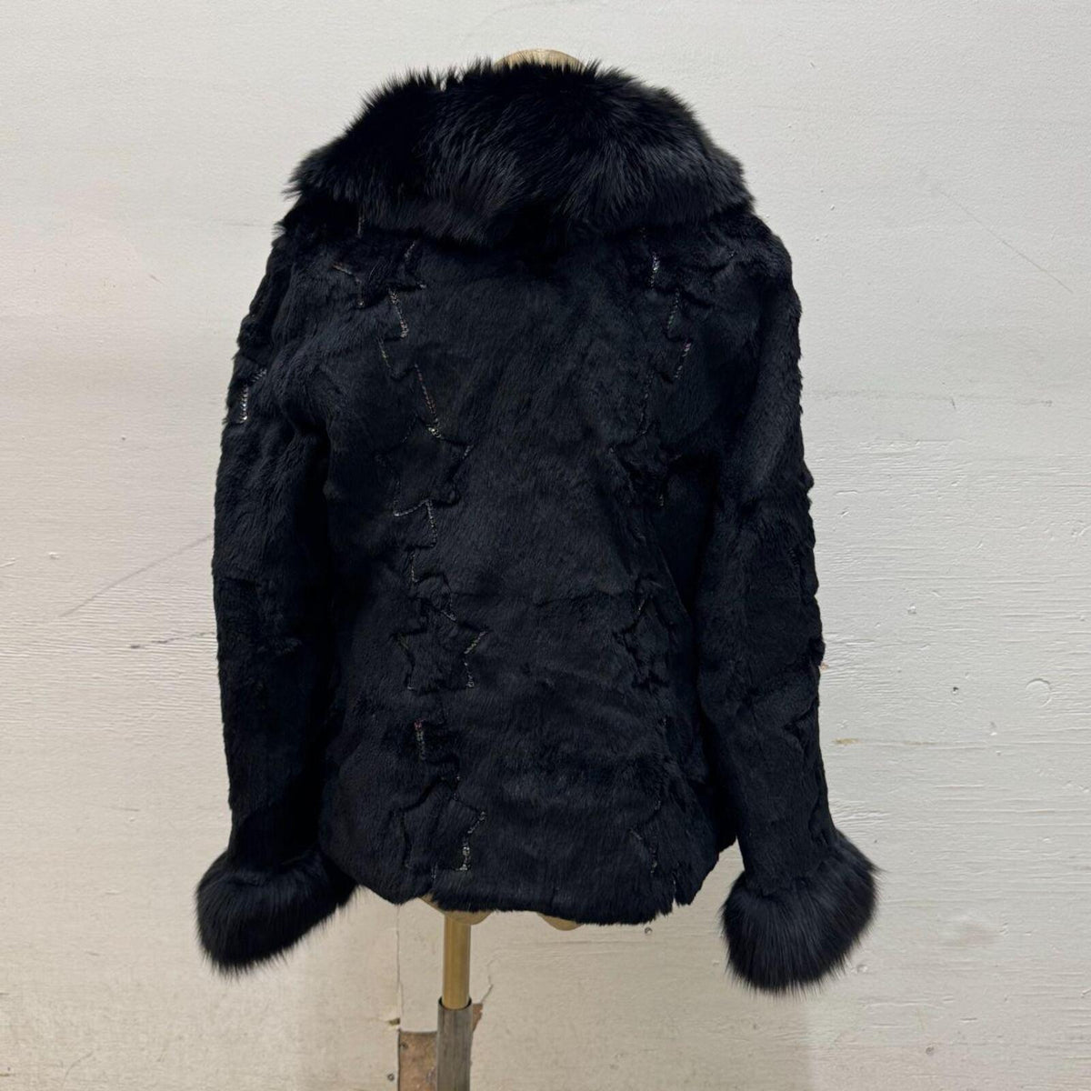 Y2K Vintage Black Rabbit & Fox Fur Jacket Star Sequin Detail Coat