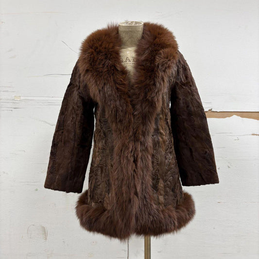 Vintage Paneled Brown Real Fox Fur Penny Lane Afghan Coat