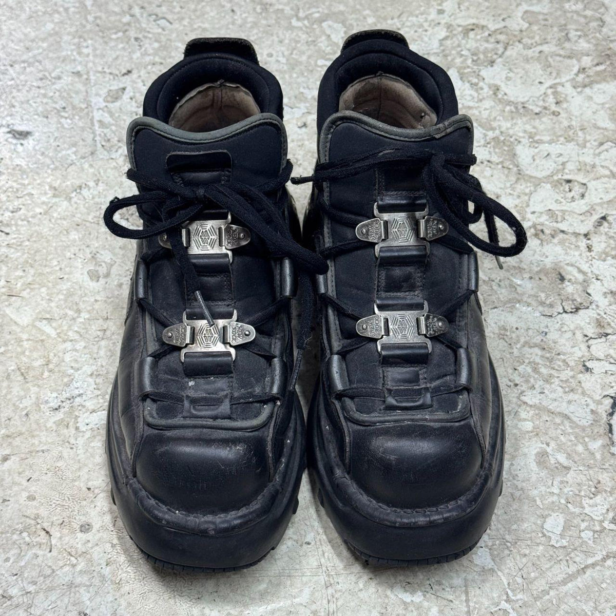 Vintage New Rock Pewter & Black Leather Reactor Platform Sneaker Boots