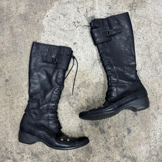 Vintage Luzzi Black Genuine Leather Lace-Up Tall Biker Boots