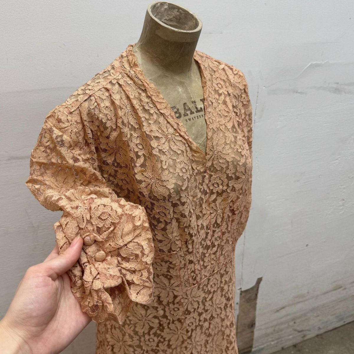 Vintage Broadway Costume 30s Antique Peach Lace Maxi Gown Dress