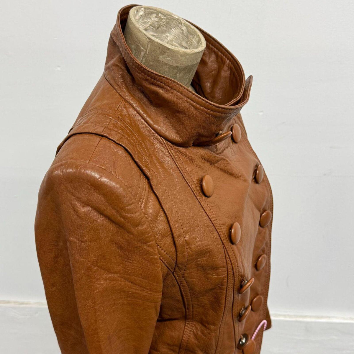 Vintage Cognac Brown Military Funnel Neck Leather Jacket 2