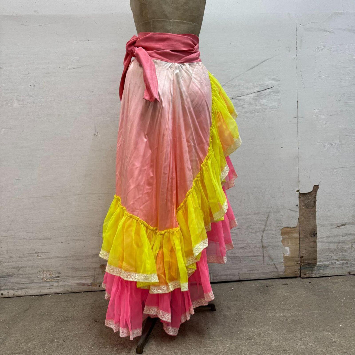 Vintage Broadway Costume 70s Neon Ruffle Maxi Wrap Skirt