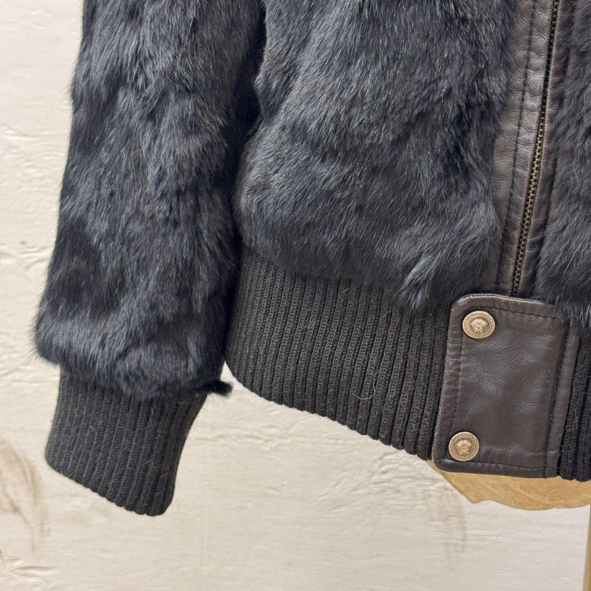 Vintage Y2K Versace Jeans Signature Black Rabbit Fur Jacket Coat