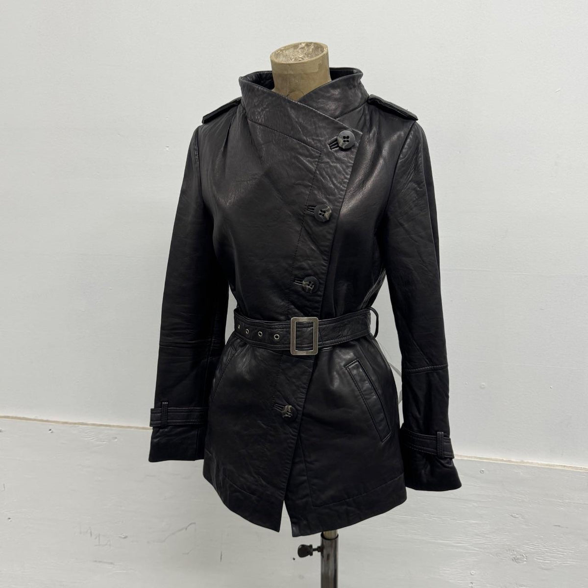 Vintage Black Belted Funnel Neck Longline Avant Garde Leather Jacket