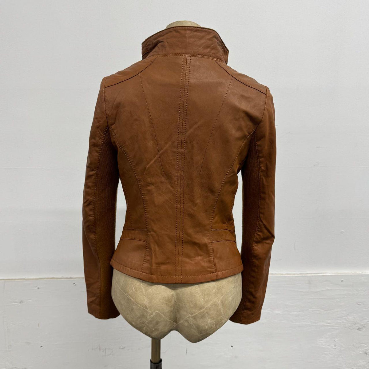 Vintage Tan Brown Funnel Neck Asymmetric Avant Garde Leather Jacket