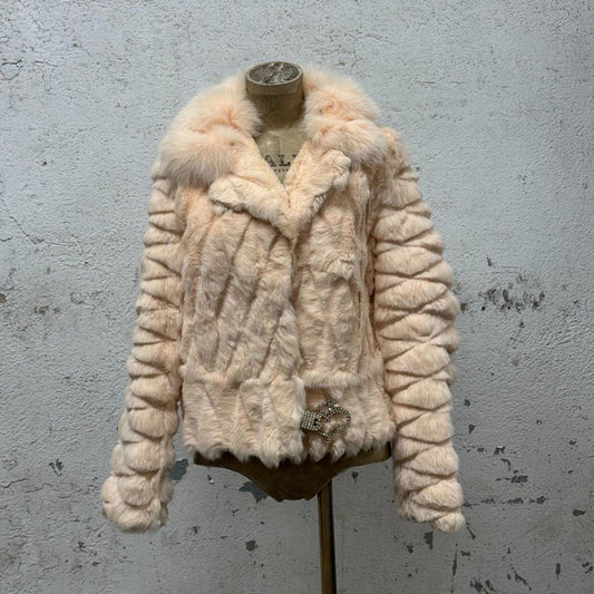 Vintage Y2k Quilted Blush Rabbit & Fox Fur Jacket Coat
