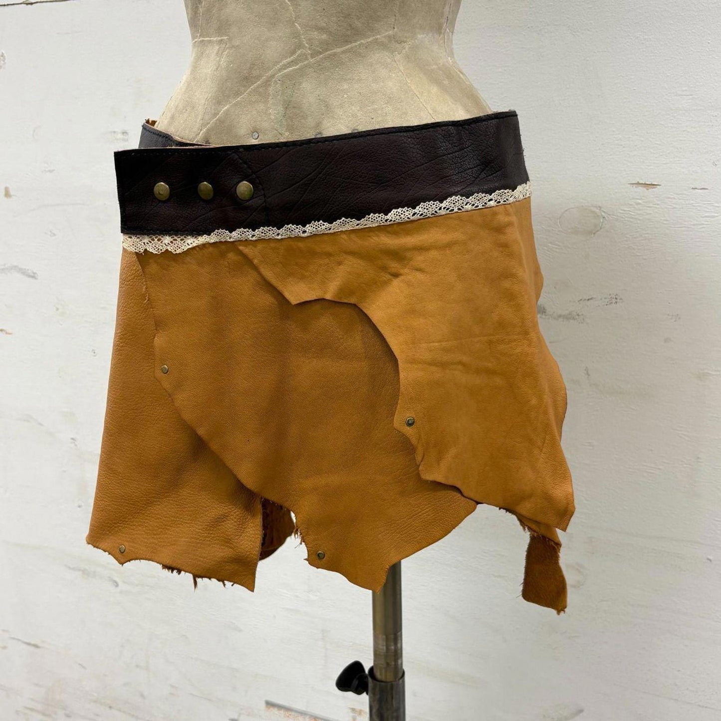 Vintage Arleki Créations Brown Deconstructed Leather Mini Skirt