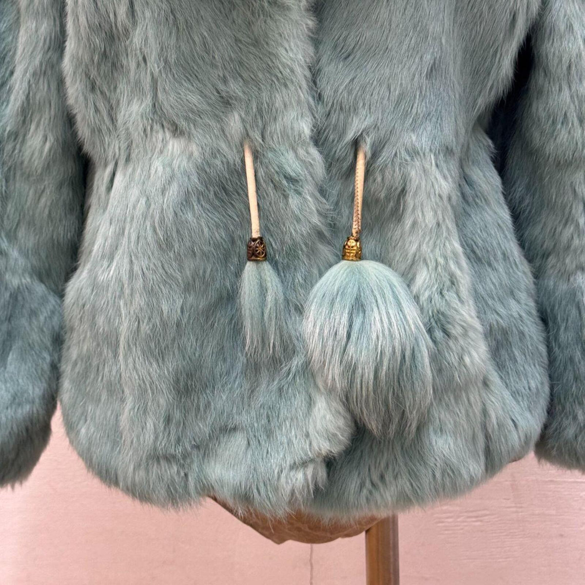 Y2K Vintage Turquoise Blue Rabbit & Fox Fur Pom Pom Jacket Coat
