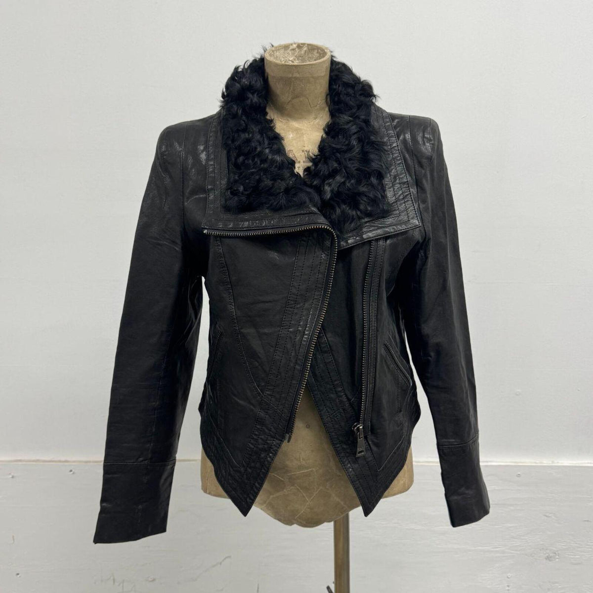 Vintage Black Avant-Garde Lambskin Funnel Neck Moto Jacket