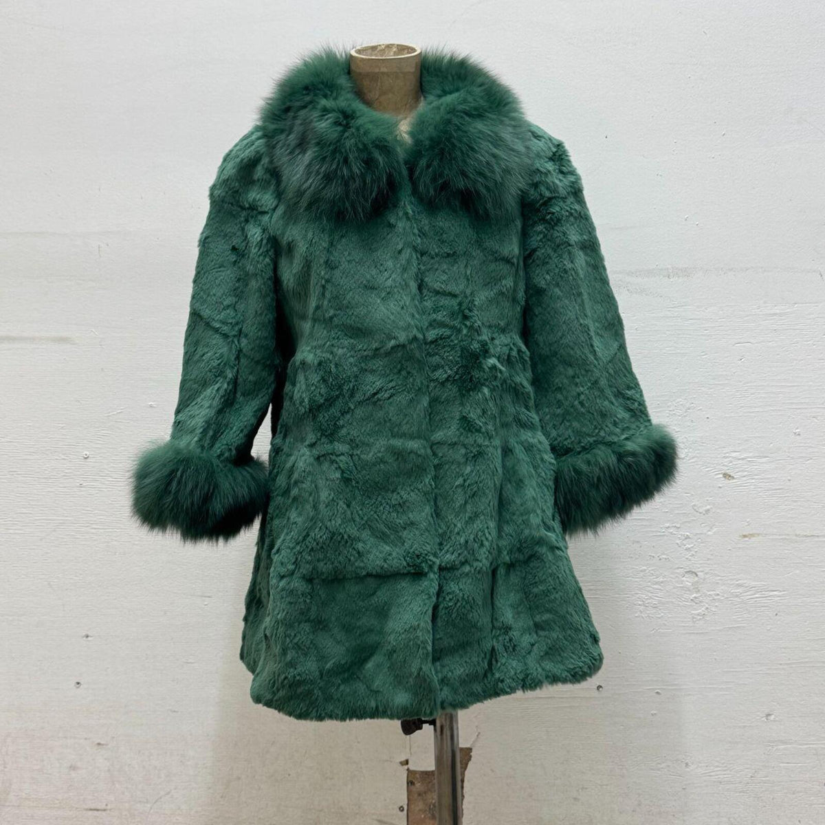 Vintage Green Rabbit & Fox Fur Longline Jacket Coat