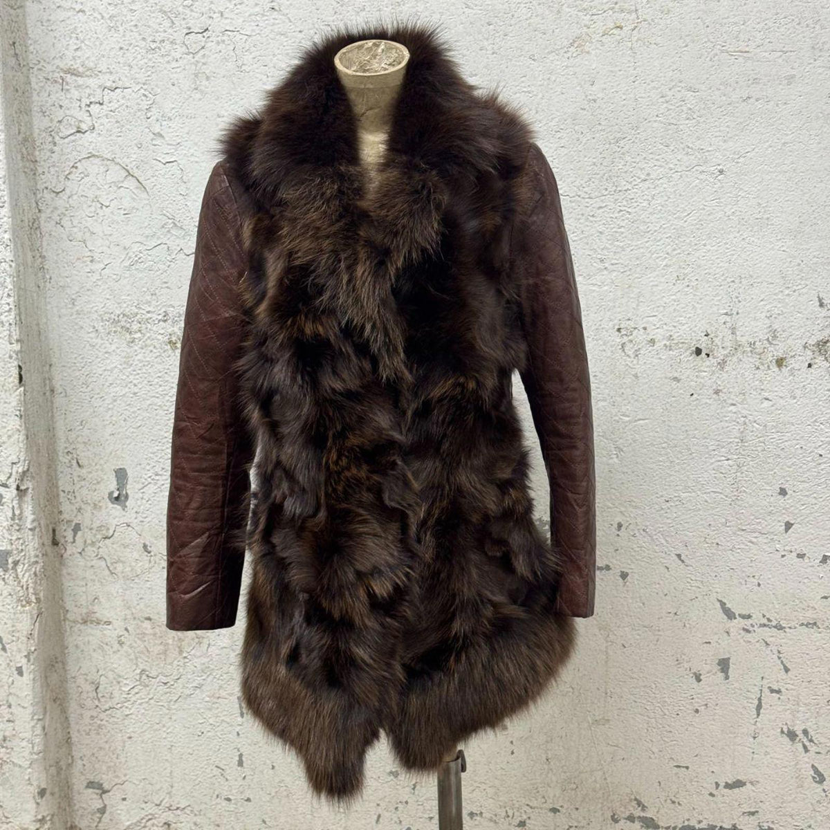 Vintage Brown Y2K Real Quilted Leather & Fox Fur Jacket Coat