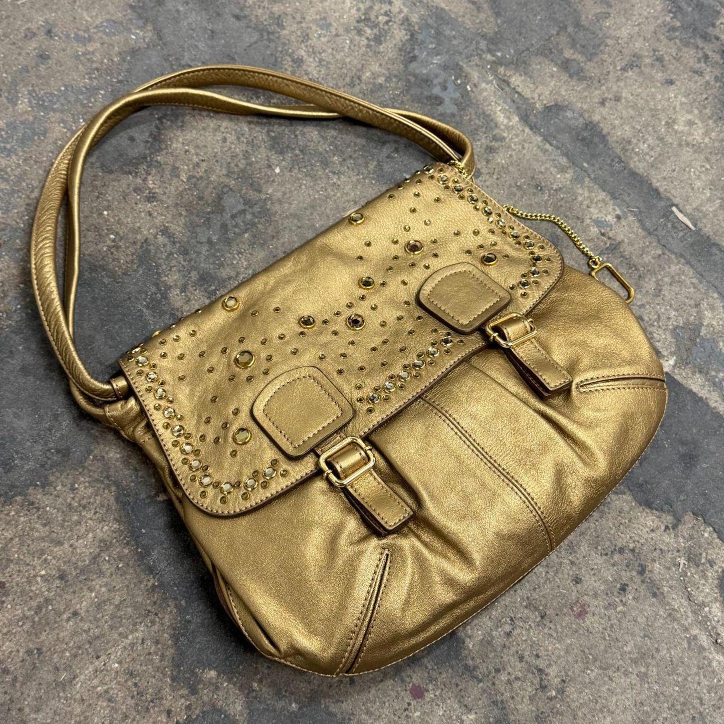 Y2K Gold Vintage Sonia Rykiel Embellished Leather Shoulder Bag