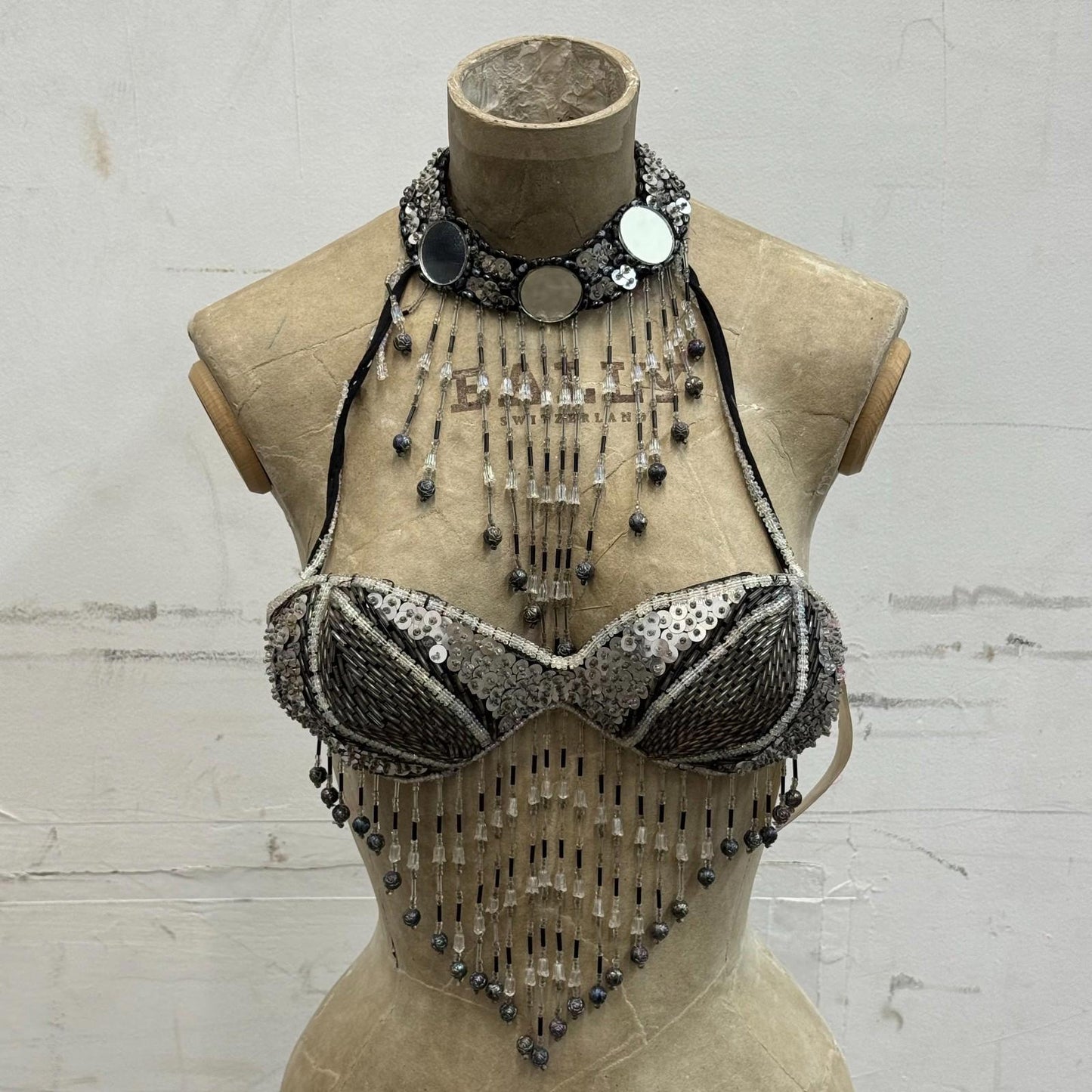 Vintage Showgirl Beaded Silver & Black Mirror Bra Stage Film Costume Burlesque