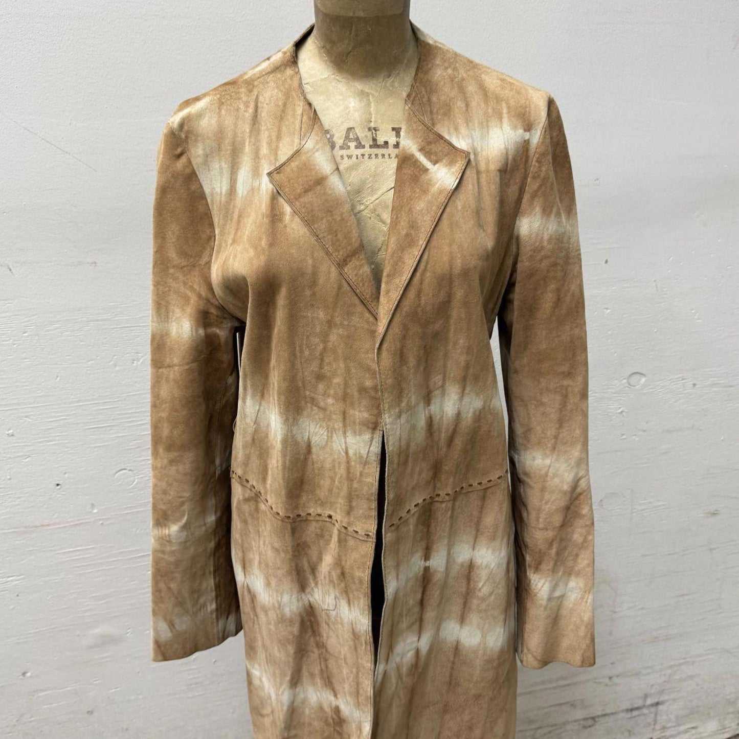 Vtg Y2K Bisou Jeans Tie Dye Suede Longline Jacket 100% Leather Duster