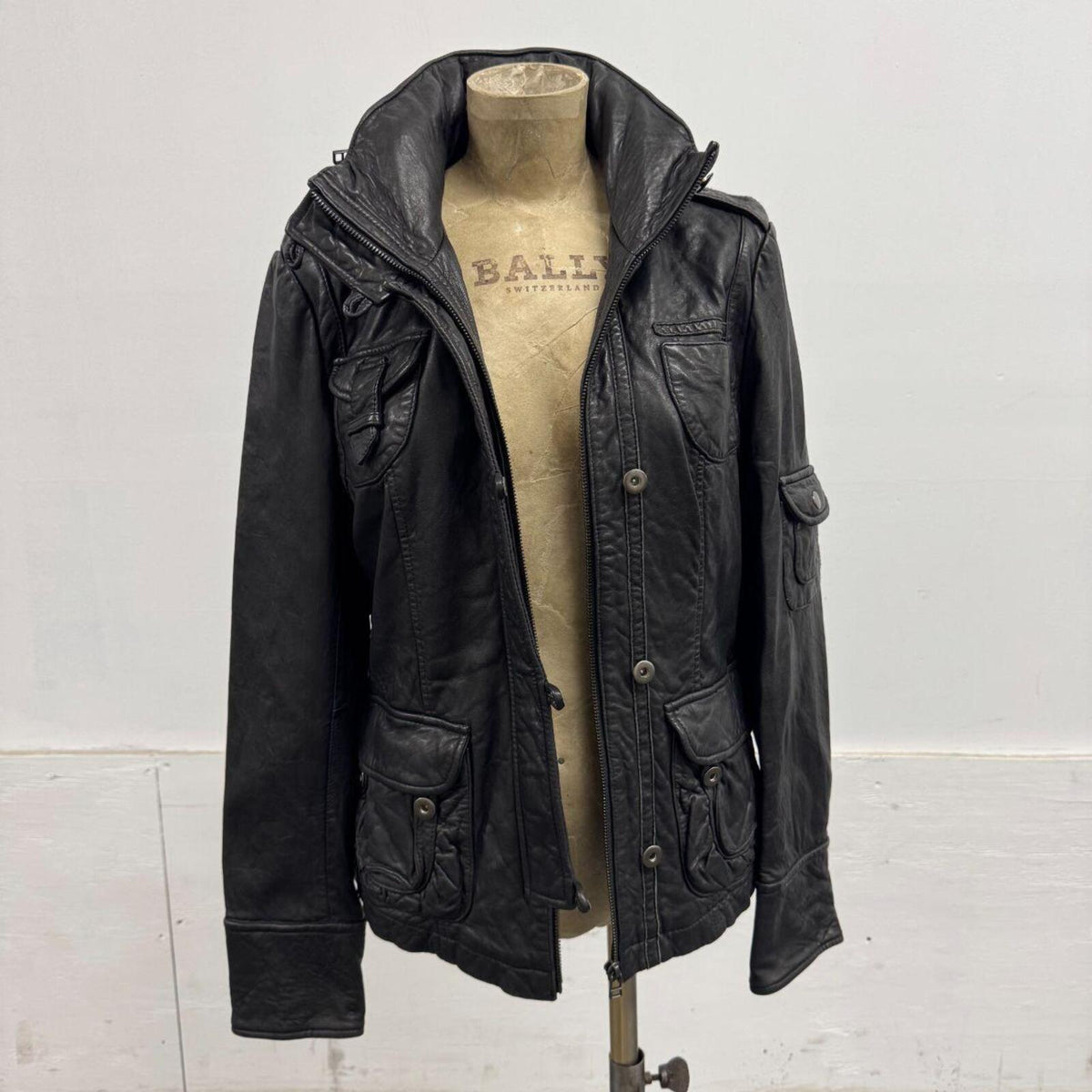 Vintage Black Utility Cargo Zip-Out Convertible Hood Parka Leather Jacket