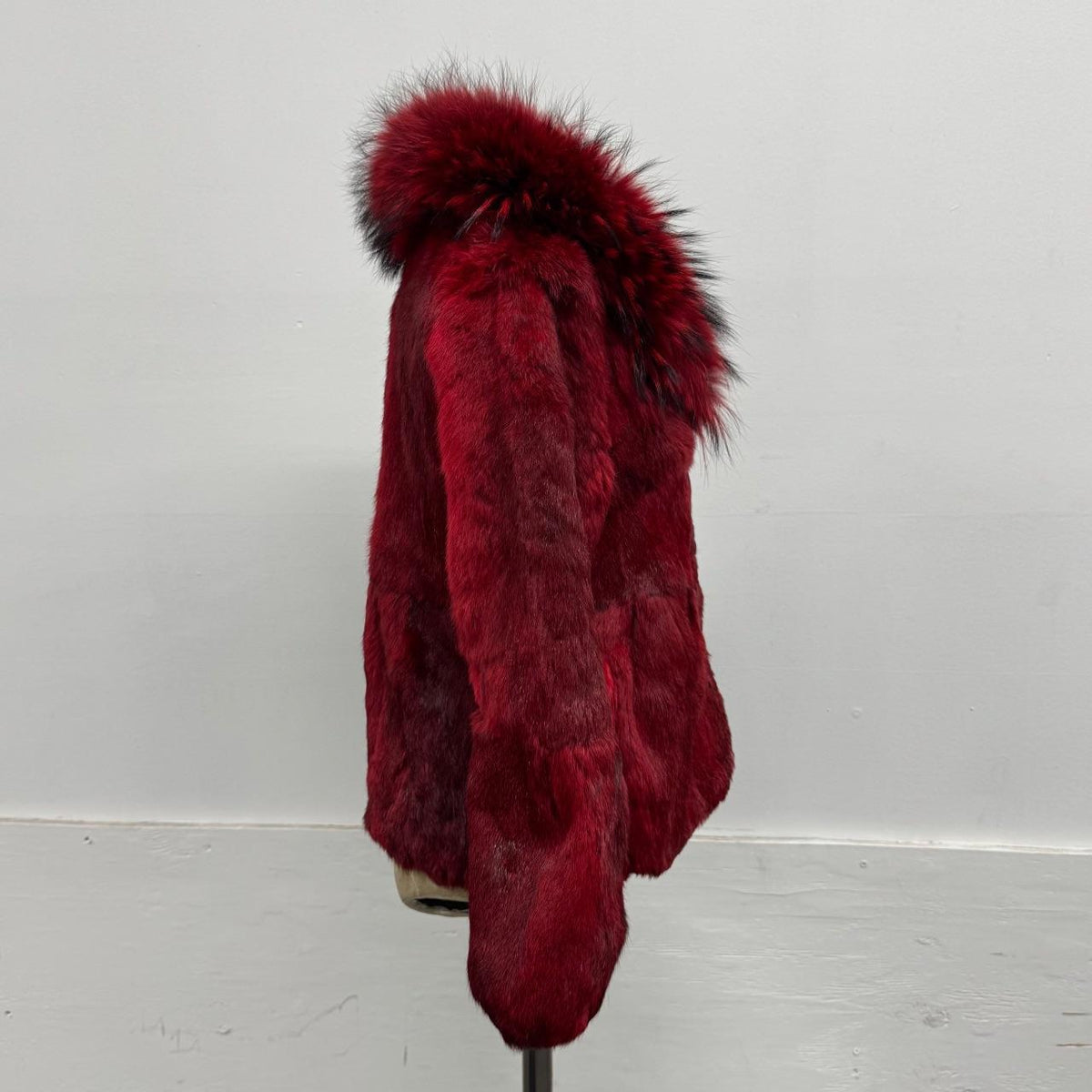 Vintage Burgundy Red Y2K Rabbit & Raccoon Fur Jacket Coat
