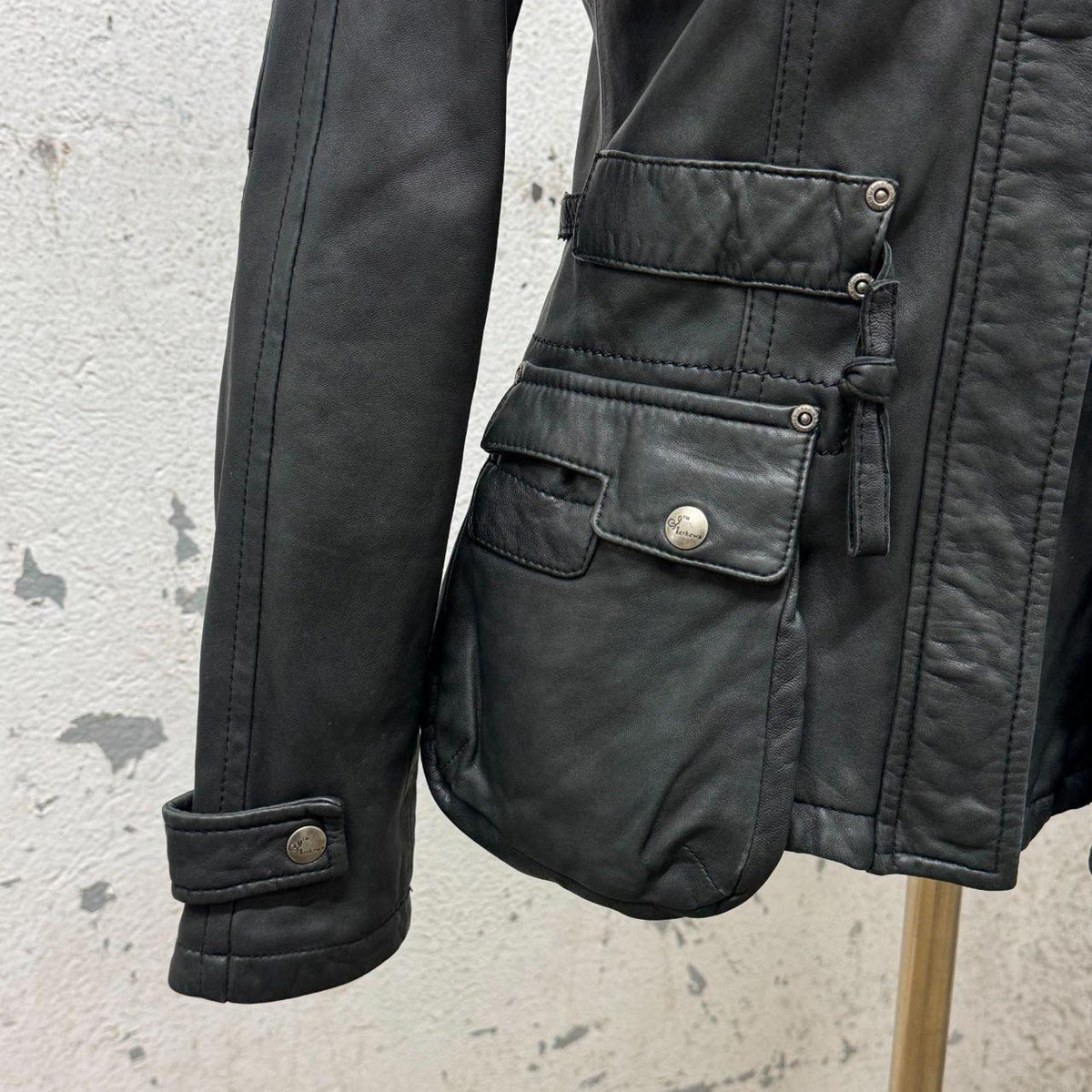 Vintage Technical "Cyber-Cargo" Funnel Neck Genuine Leather Jacket Black