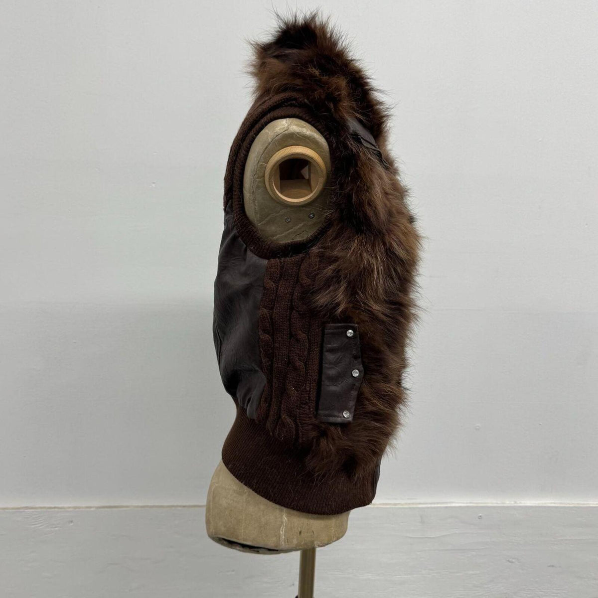 Vintage Y2K Chocolate Fox Fur & Leather Cable Knit Vest