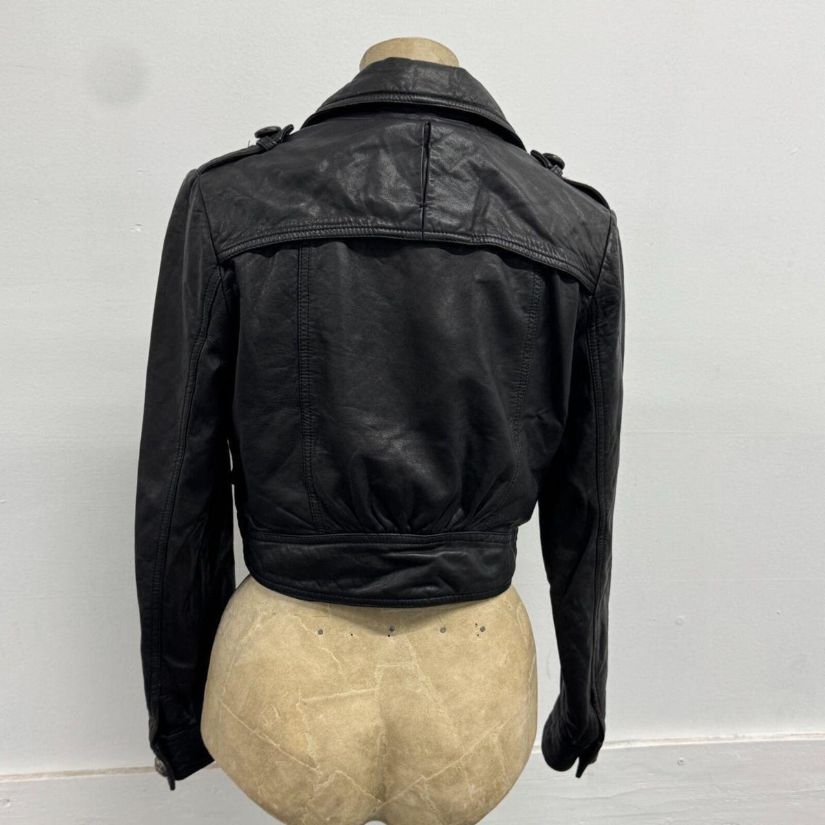 Vintage Black Moto Cropped Asymmetric Avant Garde Leather Jacket