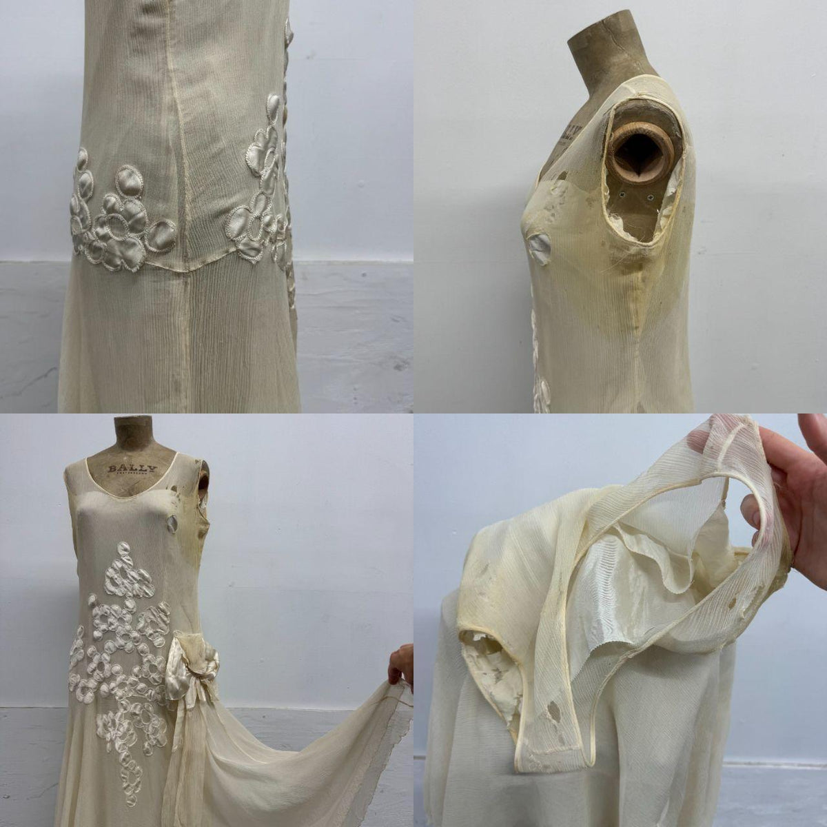 Antique 20s Flapper Drop-Waist Silk Chiffon & Ribbonwork Wedding Gown