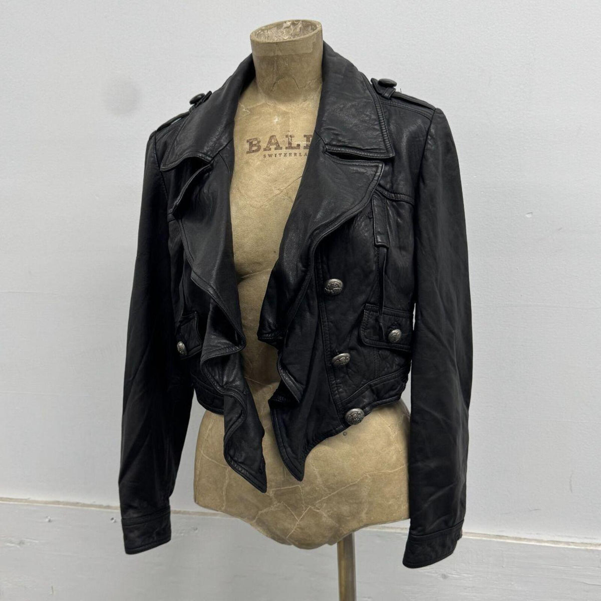 Vintage Black Moto Cropped Asymmetric Avant Garde Leather Jacket