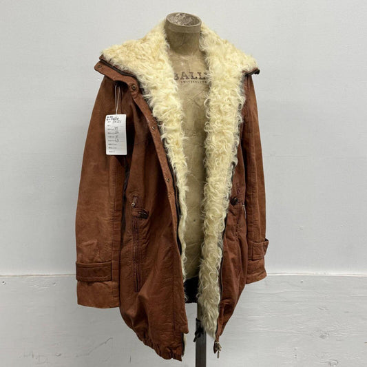 Vintage Tan Funnel Neck Shearling Lined Longline Leather Jacket