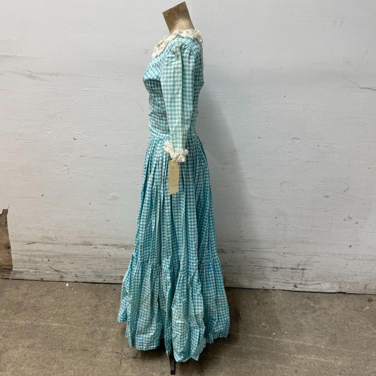 Vintage Film Costume 70s Teal Gingham Prairie Maxi Dress XXS