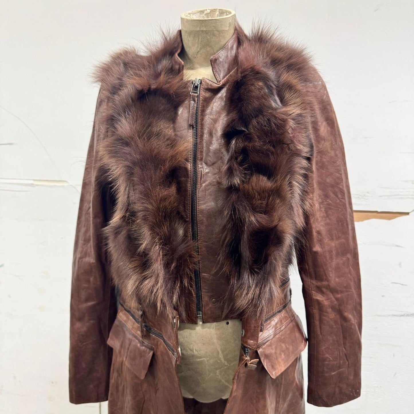 Vintage Brown Leather & Fox Fur Detachable Multi-way Statement Coat