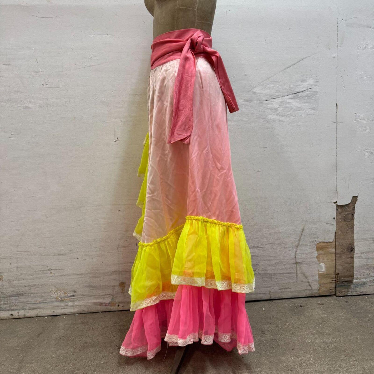 Vintage Broadway Costume 70s Neon Ruffle Maxi Wrap Skirt