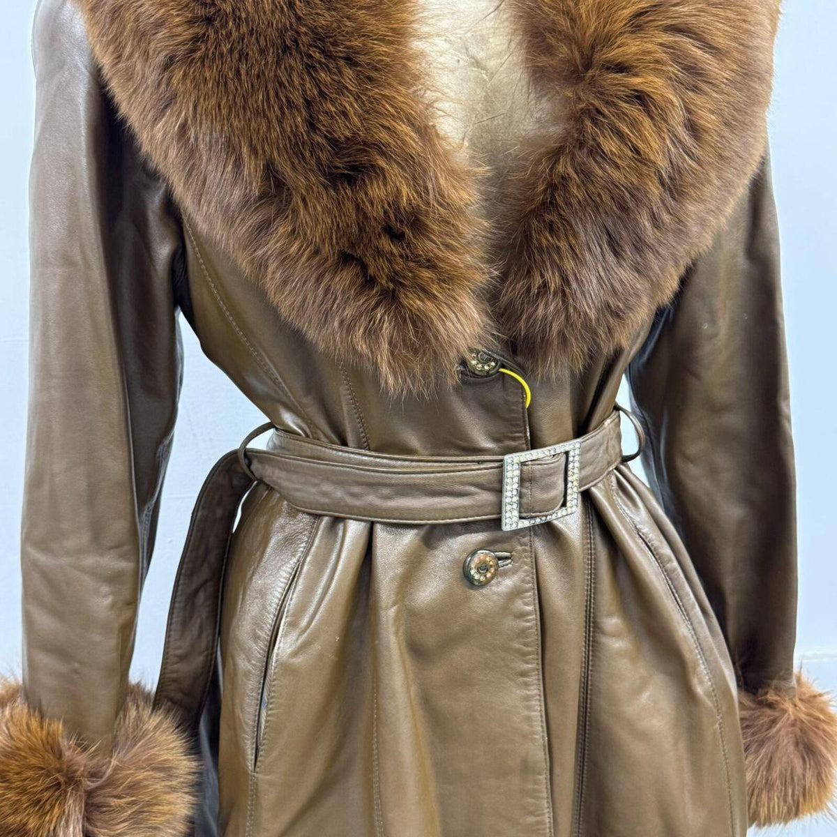 Vintage Y2K Brown Real Leather & Fox Fur "Mob Wife" Trench Coat