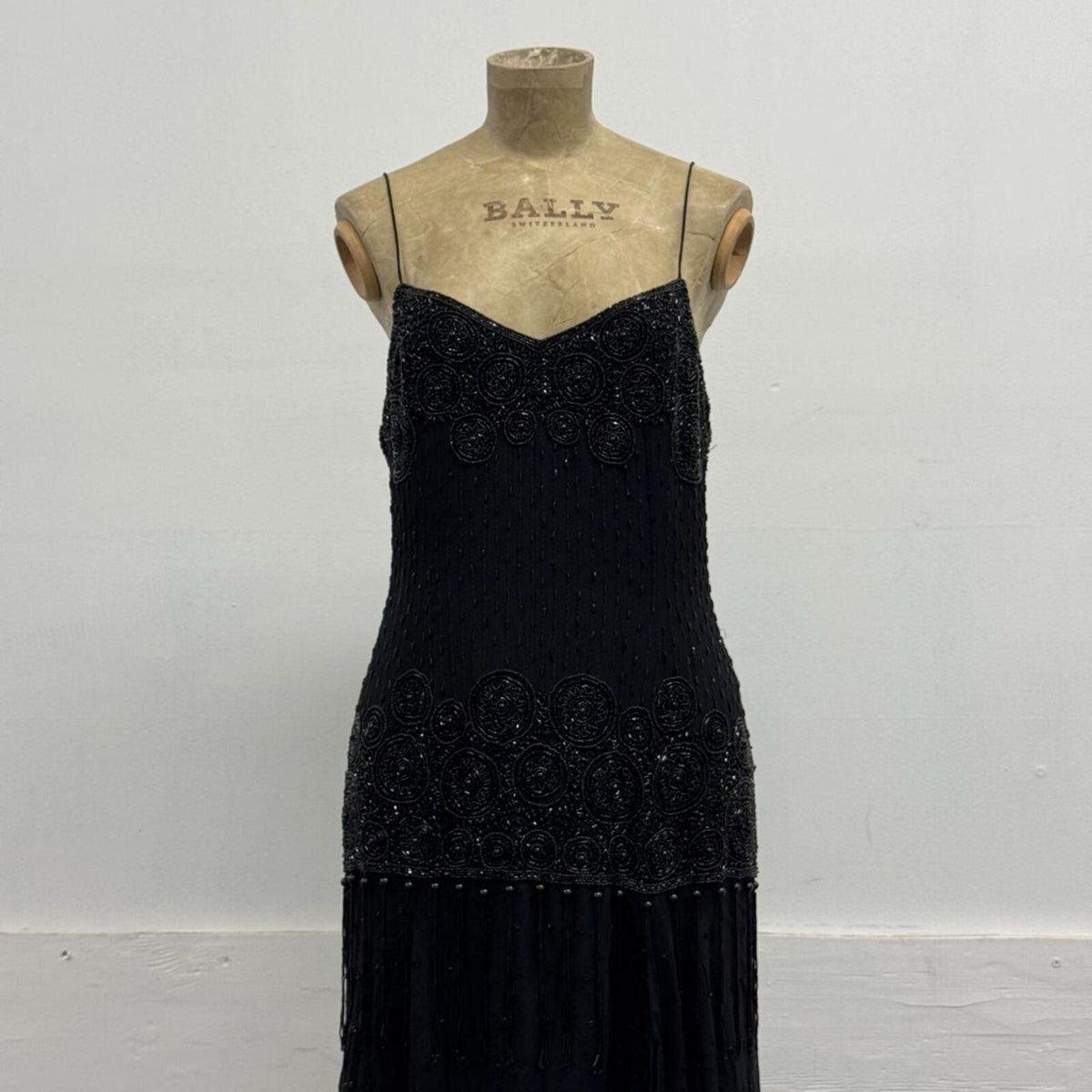 Vintage Y2K Black Heavily Beaded Silk Tassel Dress